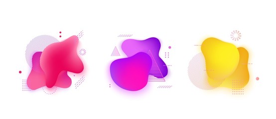 Absract fluid gradient spots with geometric symbols set. Set of spots with abstract elements for trendy pink, purple, yellow color design. Vector illustration on isolated background.