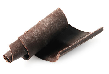 Yummy chocolate curl for decor on white background
