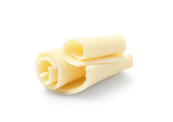 Yummy chocolate curls for decor on white background