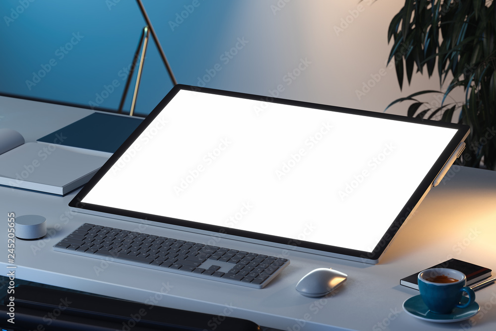 Poster tablet with blank white screen, mouse and keyboard on desk. 3d rendering.
