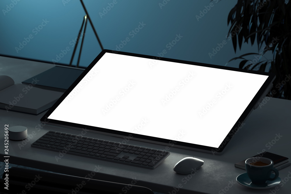 Poster tablet with blank white screen, mouse and keyboard on desk. 3d rendering.
