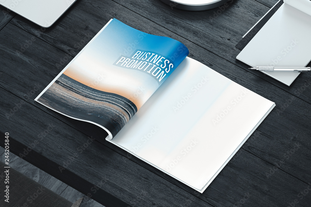 Poster open magazine with blank pages on gray table. empty space. 3d rendering.