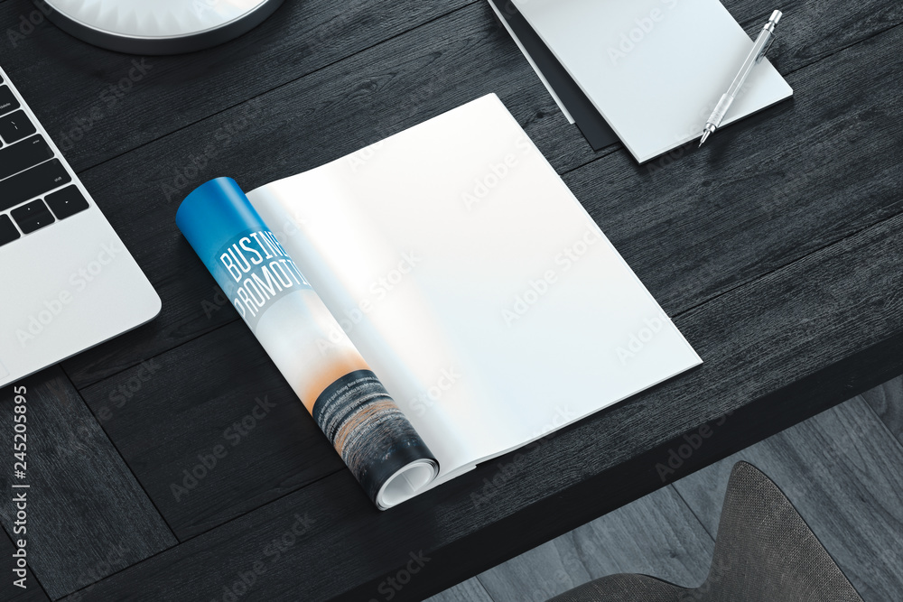 Poster open magazine with blank pages on gray table. empty space. 3d rendering.