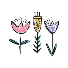 Funny doodle cute flowers art. Vector illustration.
