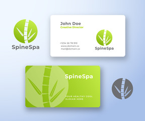 Spine Spa Abstract Vector Logo and Business Card Template. Bamboo Stem as a Spine with Leaves. Modern Typography. Premium Stationary Realistic Mock Up.