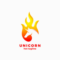 Unicorn in a Flame Shape Abstract Vector Sign, Symbol or Logo Template. Negative Space Unicorn Sillhouette with Modern Typography. Creative Vector Emblem.