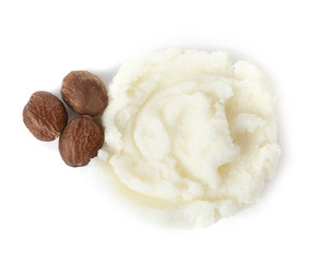 Fresh shea butter and nuts isolated on white, top view
