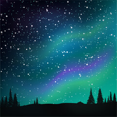 Northern lights in the starry sky and pine forest. Vector illustration.
