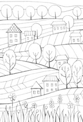 Fototapeta premium Rural landscape with houses, trees and fields. Black and white hand drawn illustration. Coloring book.