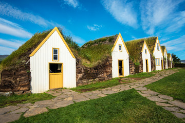Fototapeta na wymiar Traditional Icelandic turf houses in Glaumbaer farm in Northern Iceland.