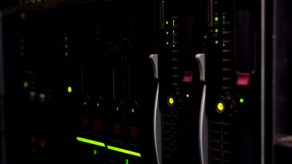 Modern server closeup, cloud computing data storage, technological progress