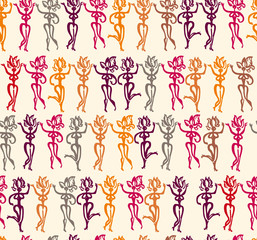 Hand drawn beautiful hot samba dancers in feathers seamless pattern. Dancers silhouettes Art illustration original graphic pattern imitation of brush and paint. 
