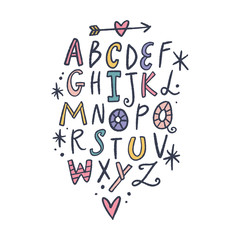 Vector brush alphabet. Lettering, funny letters, nursery style.
