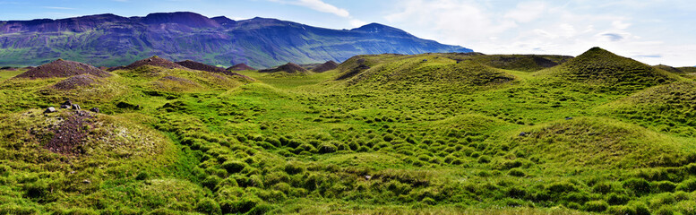 Panoramic view of Humpy grasslands in north of Hunavatnshreppur municipality of Northern Iceland. Nordurland Vestra.