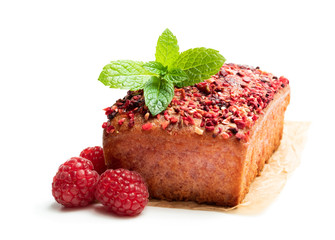 Pink raspberry loaf cake isolated on white