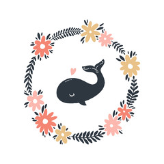 Little cute whale art. Hand drawn apparel. Vector illustration.