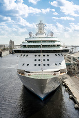 Closeup view of the bow of a cruise ship in port in Tampa, Florida.