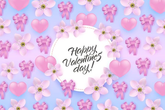 Vector happy valentines day poster, special offer banner with hearts, bow flowers pattern, hand written lettering. Romantic holiday commercial background online store clearance shopping promo template
