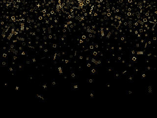 Memphis style geometric confetti vector background of triangle circle square shapes, chevron wavy lines.