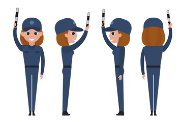 Girl police officer isolated on white background. Traffic controller with a striped rod raised up. Front, side, back view animated character.