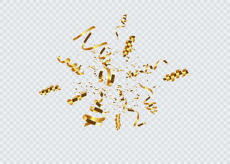 Golden confetti isolated on checkered background. Festive vector illustration