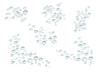 set of transparent water drops in gray and blue colors. vector water drops isolated on white background.