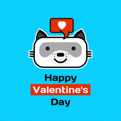 card with Valentines Day with a cat on a blue background. Vector illustration