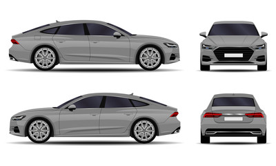 realistic car. sport sedan. front view; side view; back view.