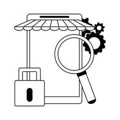 smartphone online store with magnifying glass gears and padlock in black and white