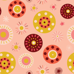 Circles Collage style seamless vector background. Modern flat Scandinavian style dots. Abstract round shapes pink, coral, gold, red, white. Use for feminine decor, fabric, kids, digital paper, banner.