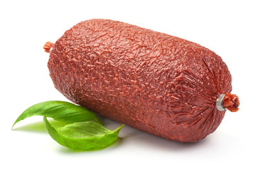 Dried Salami Sausage with basil, close up, isolated on a white background