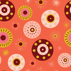 Coral abstract background. Circles Collage style seamless vector. Modern flat Scandinavian style dots. Abstract round shapes pink, coral, gold, red, white. Use for fabric, kids, digital paper, banner.