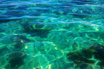 Transparent blue tropical sea water texture. Seawater closeup photo. Still sea surface. Transparent water tropic seaside