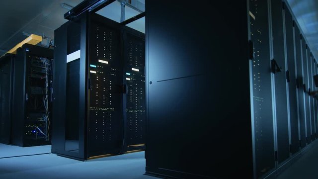 Time Lapse in Data Center: IT Specialists and Engineers Working, Running Maintenance Check, Diagnostics. Modern Concept of Telecommunications, Cloud Computing Artificial Intelligence Database Computer