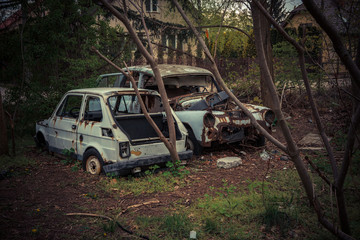 Obraz na płótnie Canvas Destroyed and abanoded car in an abandoned place