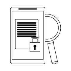 smartphone with secured document and magnifying glass in black and white