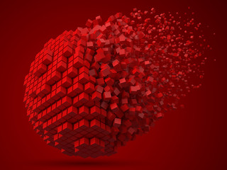 dissolving spherical data block. made with red cubes. 3d pixel style vector illustration.