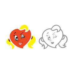 Vector illustration of the character heart girl with two tails. Set of vector symbols. Fiery flame of love in the children's picture of the animation character. Flat design Monohrome