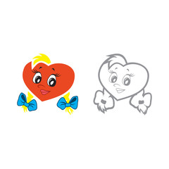 Vector illustration of the character heart girl with two braids. Set of vector symbols. Fiery flame of love in the children's picture of the animation character. Flat design Monohrome