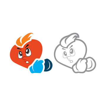 Vector illustration of the character heart boy terrible in boxing gloves. Set of vector symbols. Fiery flame of love in the children's picture of the animation character. Flat design Monohrome