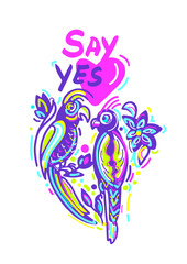 Vector card to Saint Valentine day. Happy parrot in love