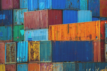Stack of colorful old rusty sea freight containers in a port