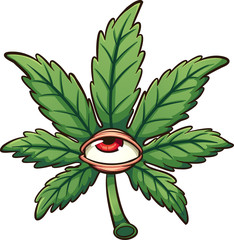 Cartoon marijuana leaf with red eye. Vector clip art illustration with simple gradients. All in a single layer. 
