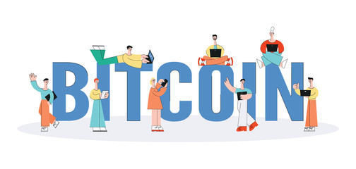Vector people use bitcoin via digital devices set