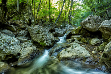 Beautiful waterfall in autumn forest in crimean mountains. Stones with moss in the water. Blurred water.