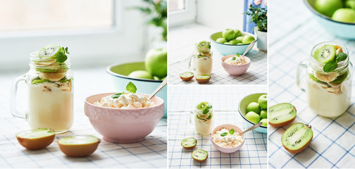 Kiwi yogurt, green apples, cottage cheese with sour cream and mint,vegetarian desserts. Healthy breakfast. Good morning. Healthy vegan food. Vegetarian desserts, concept varieties desserts