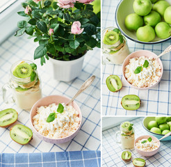 Kiwi yogurt, green apples, cottage cheese with sour cream and mint,vegetarian desserts. Healthy breakfast. Good morning. Healthy vegan food. Vegetarian desserts, concept varieties desserts