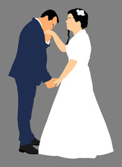 Groom and bride wedding day, in dress and suit vector illustration. Young wedding couple. Happy bride and groom after wedding ceremony. Just married couple in love. Sweet closeness and ceremony day.