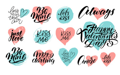 Hand calligraphy lettering big Valentine day set with pink and blue hearts, spots.