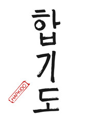 Hand drawn Hieroglyph translates Hapkido. Vector Korean martial art symbols on white background with red stamp and text. Ink brush Korea calligraphy font